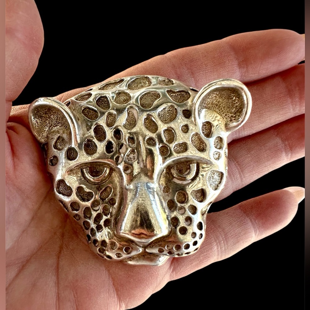 Solid sterling silver leopard face belt buckle be… - image 3